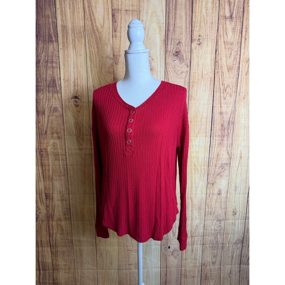 Chaser Waffle Knit Stretchy Henley Shirt Red Women's Size S